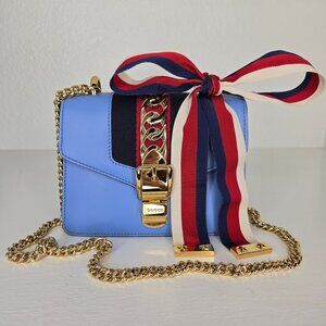 Gucci Sylvie Mini Flap Bag Blue with Ribbon & Chain Handbag Purse Crossbody